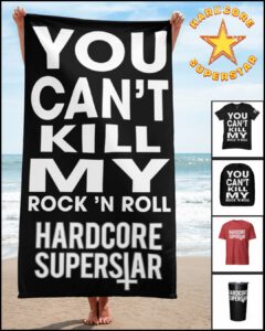 Merch items: towel, t-shirts, hat and a coffee mug